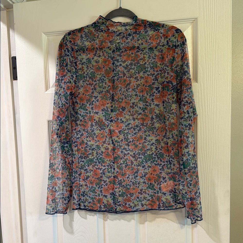 Pink and Blue Long Sleeve Mandarin Collar Blouse